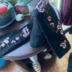 Embroidered Knee High Cherry Blossom Rose Plum Black Suede Low Block Heel Worn3X